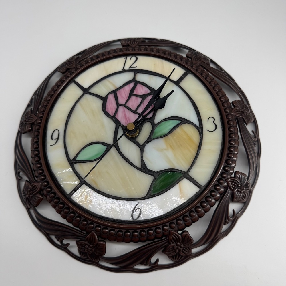 Vintage Stained Glass Rose Wall Clock Floral Bronze Frame